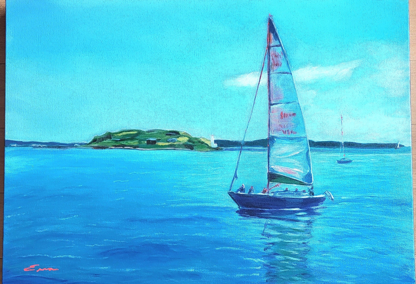 Sunday Afternoon – acrylic painting of a sailboat on Halifax Harbour with Georges Island in the background by Erna Dean Westhaver