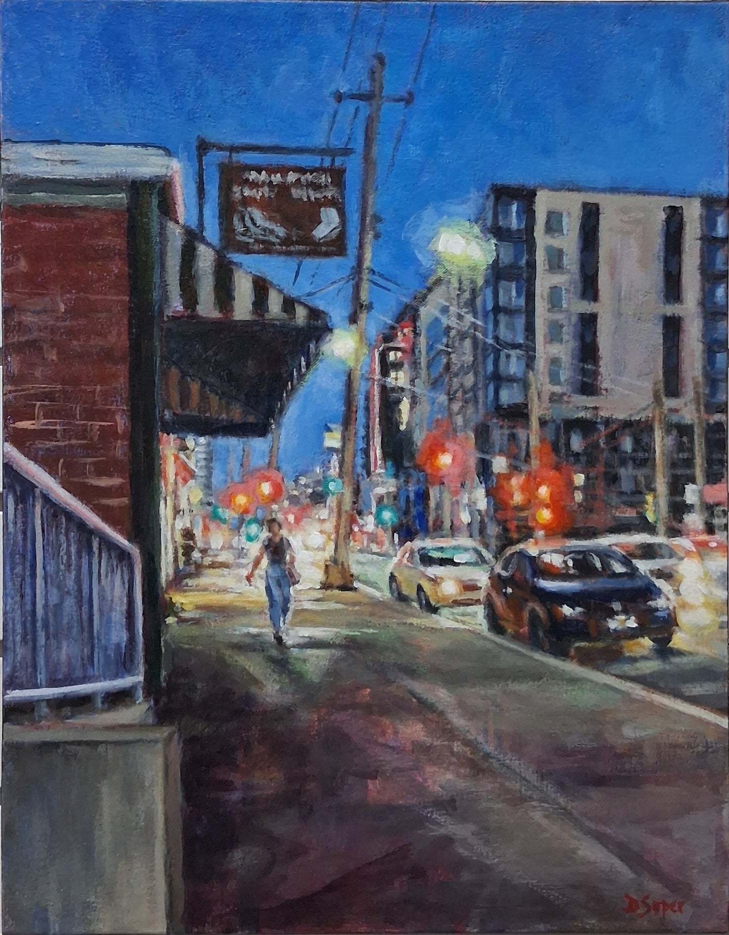 Dusk on Quinpool by Denise Soper - acrylic cityscape, 18 x 14 inches