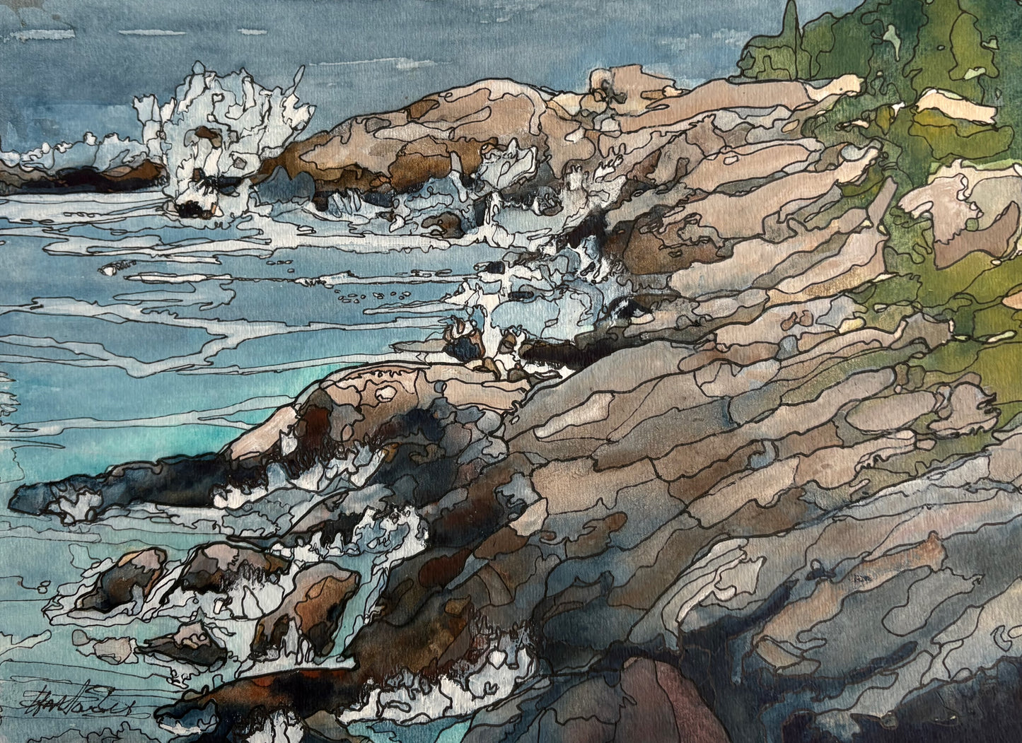 Waves And Rocks, Polly's cove (12"x9")