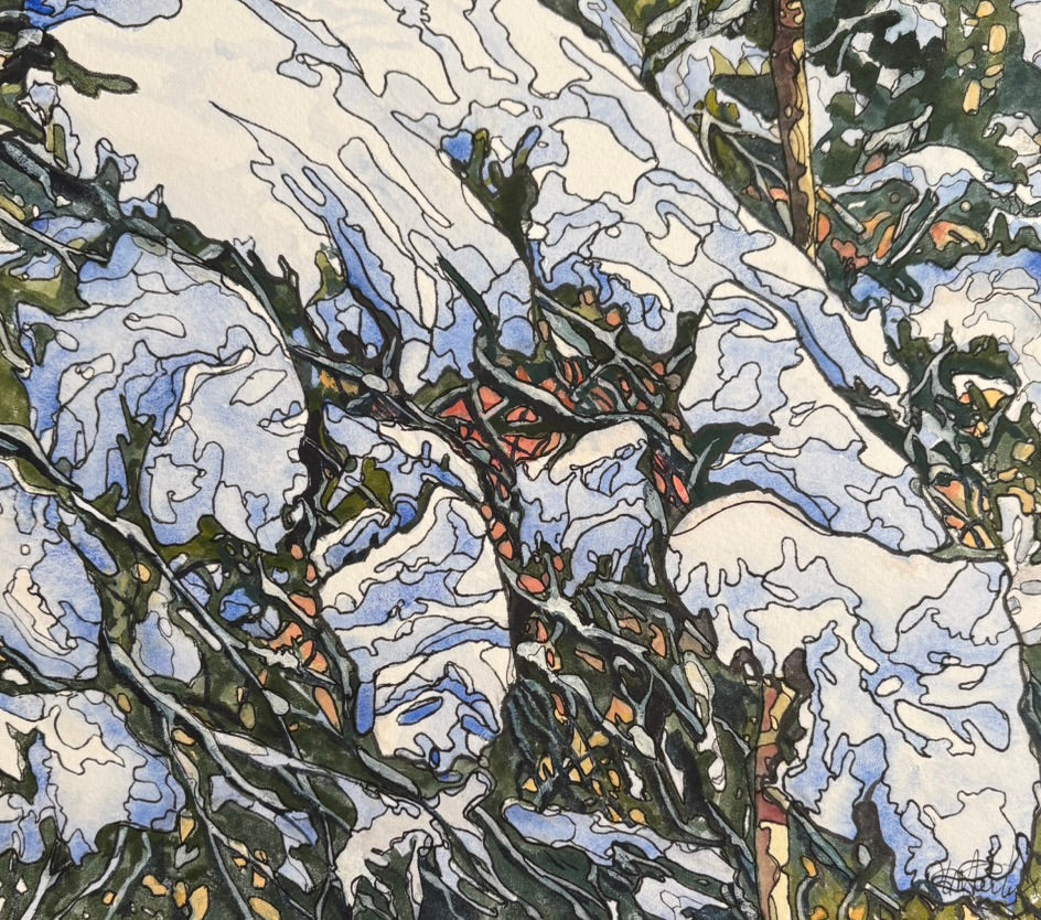 Winter Snow by Hélène Martin – mixed water mediums, 9x9 inches