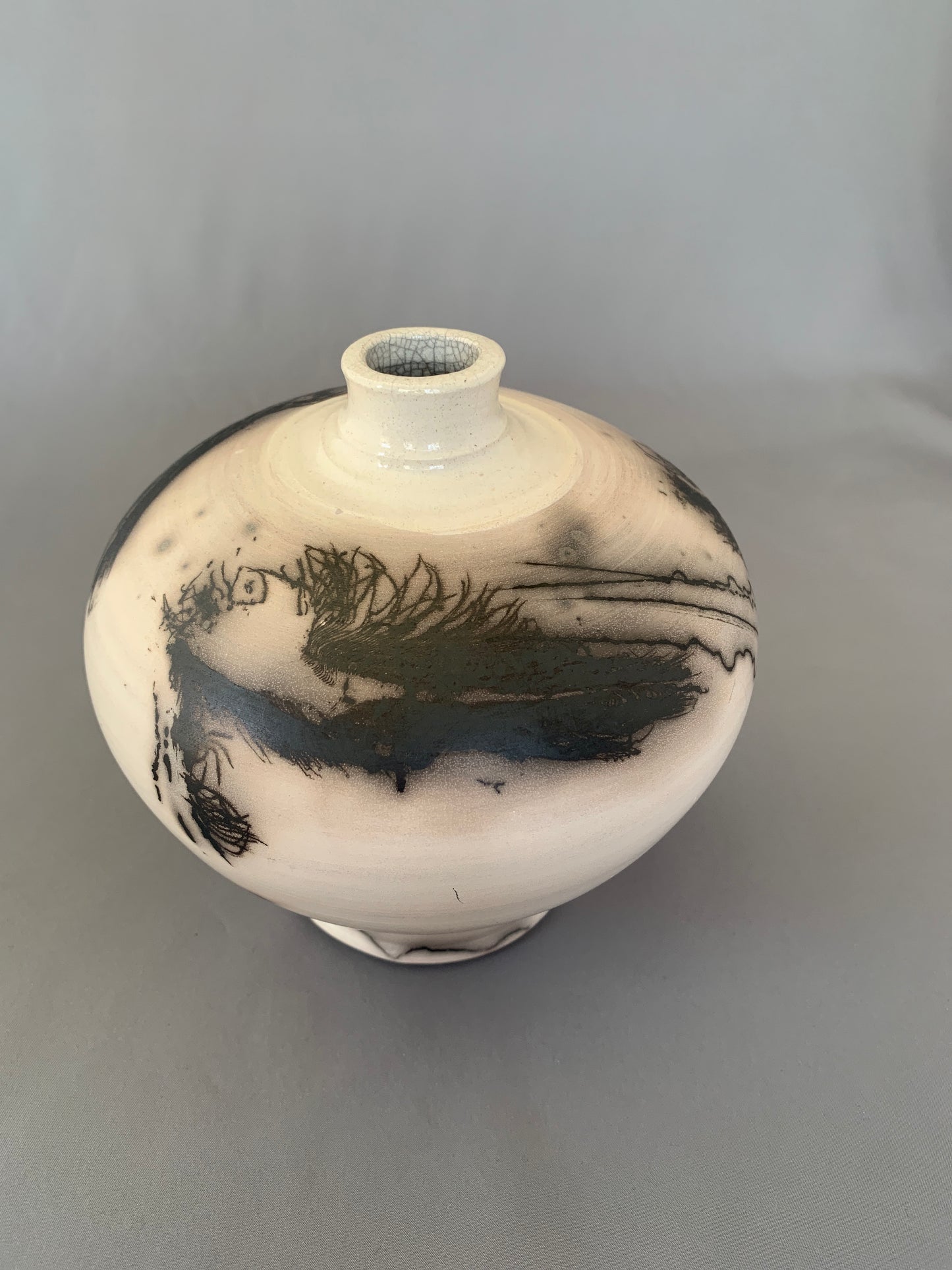 Wide Shouldered Horsehair & Feathers Raku Vase