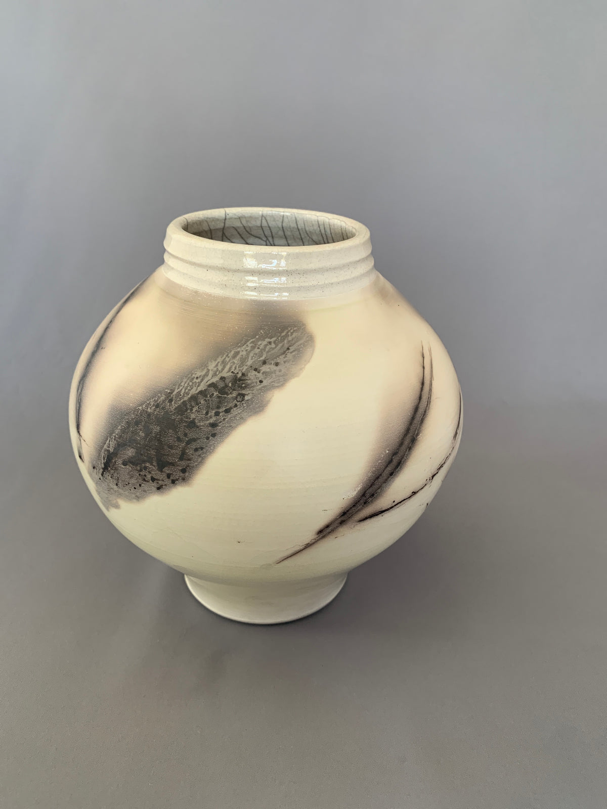 Wide Shouldered Horsehair & Feathers Raku Vase