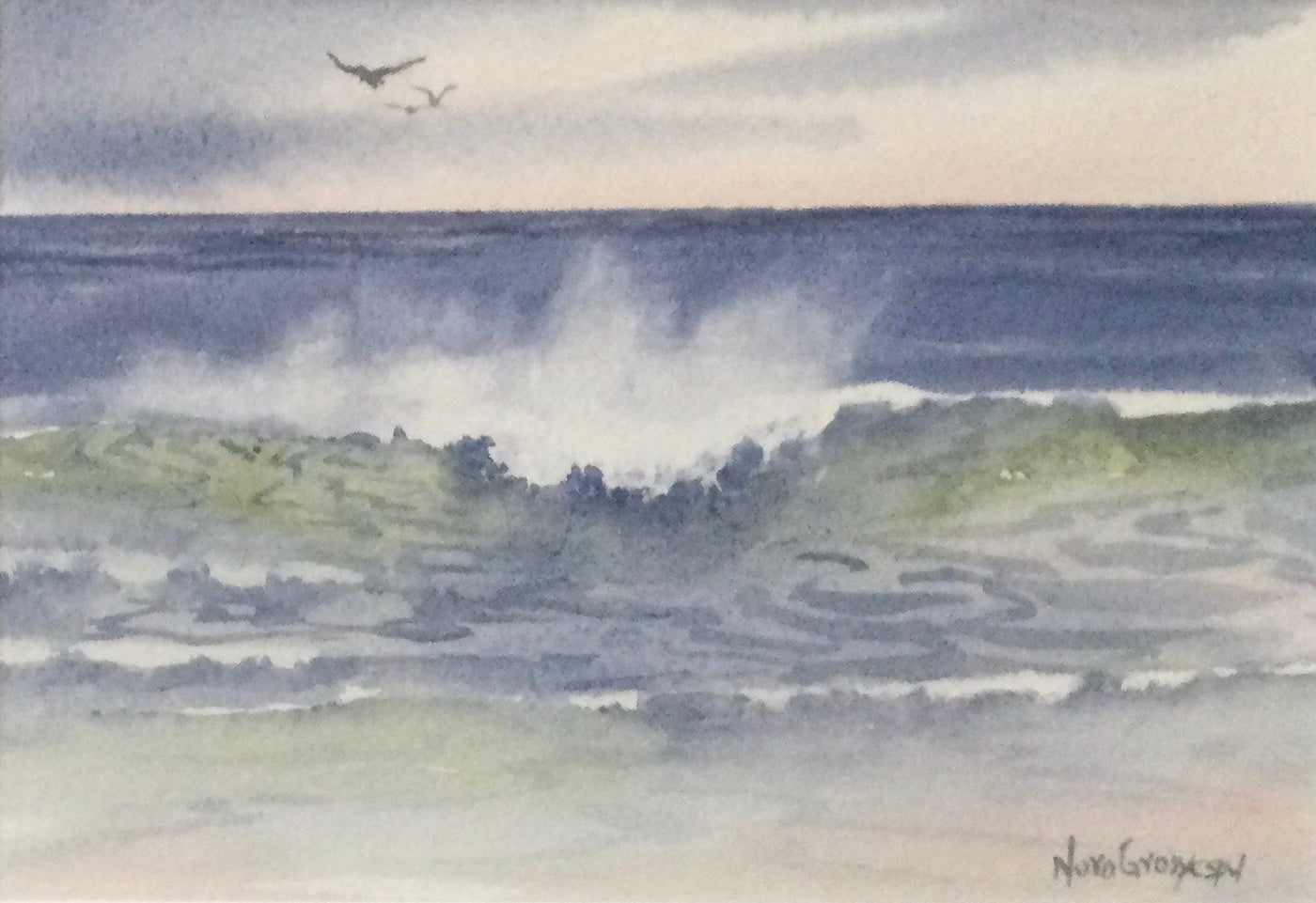 Atlantic Wind Drift Waves – framed watercolour by Nora Gross, 8" x 10"