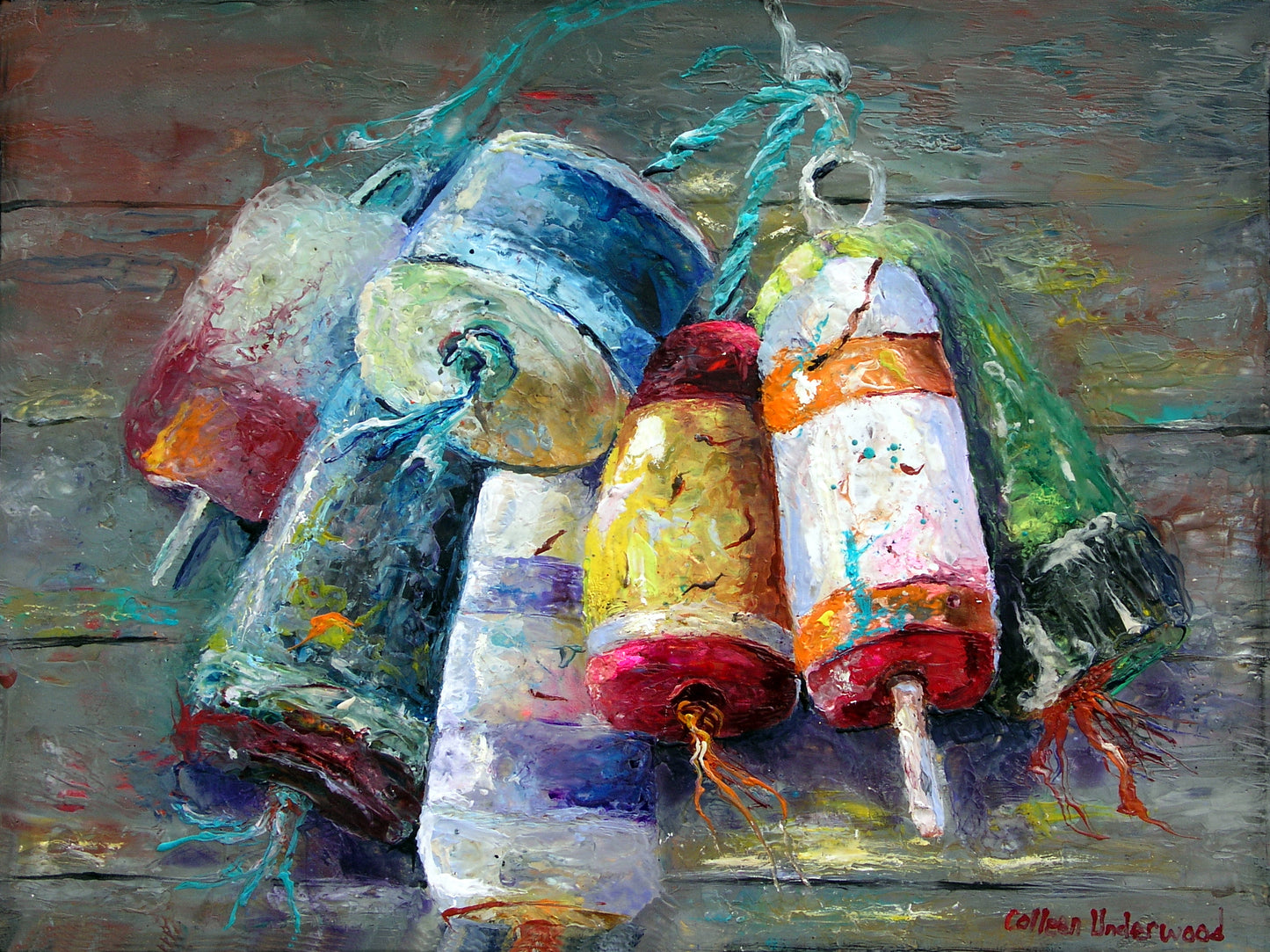 Weathered Together by Colleen Underwood - Encaustics & Oil, weathered lobster buoys, 24" x 18"