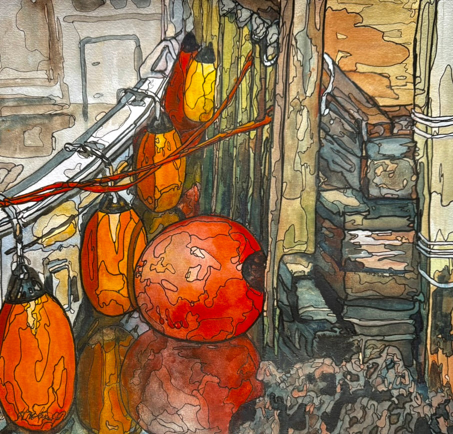 Safe at the Quay by Hélène Martin – mixed water mediums, 11x11.5 inches