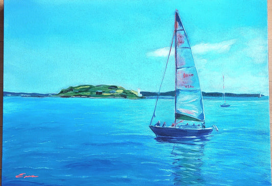 Sunday Afternoon – acrylic painting of a sailboat on Halifax Harbour with Georges Island in the background by Erna Dean Westhaver