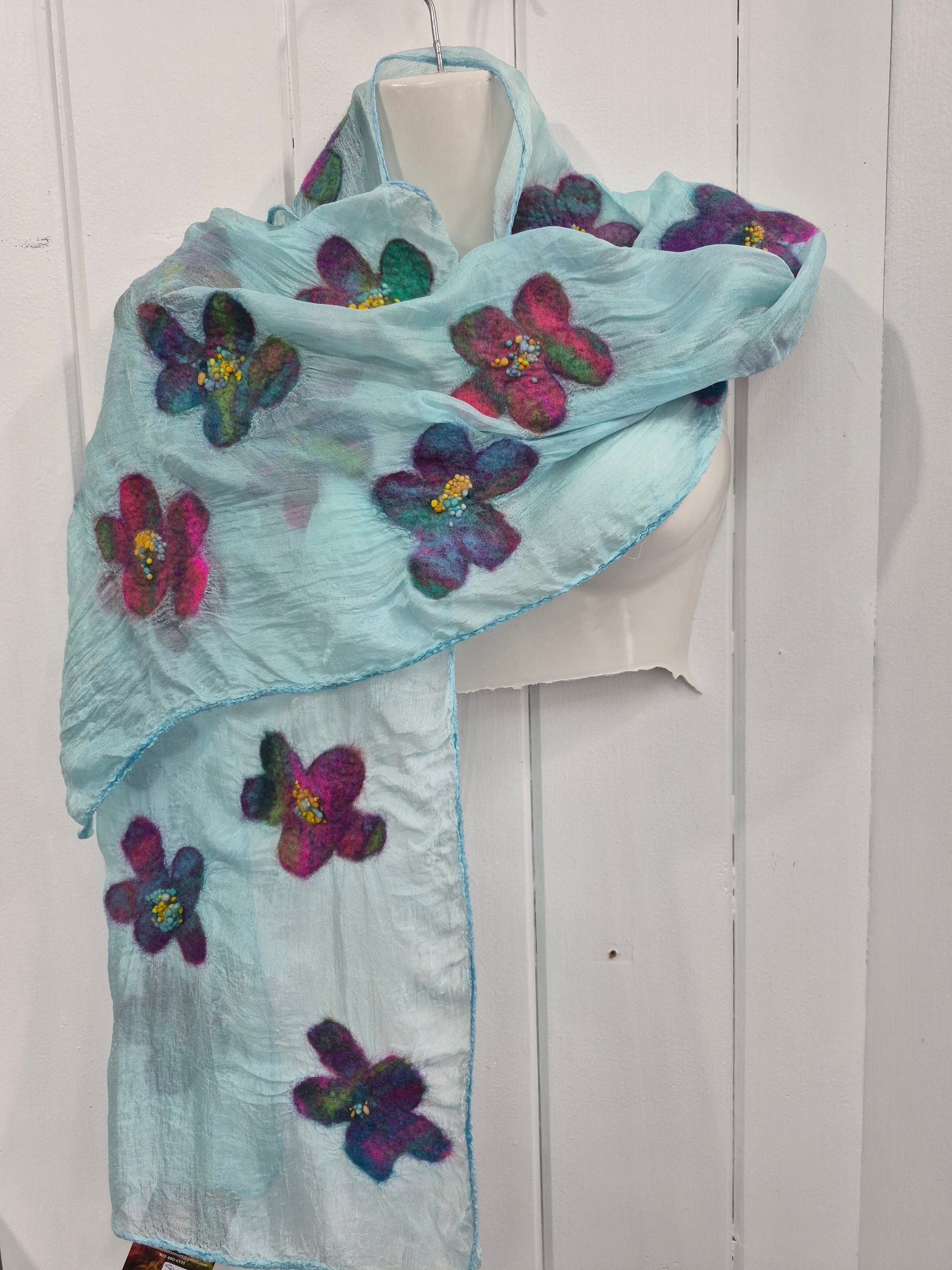 Hand-felted silk scarf with daisy appliqués by Denise Uebele