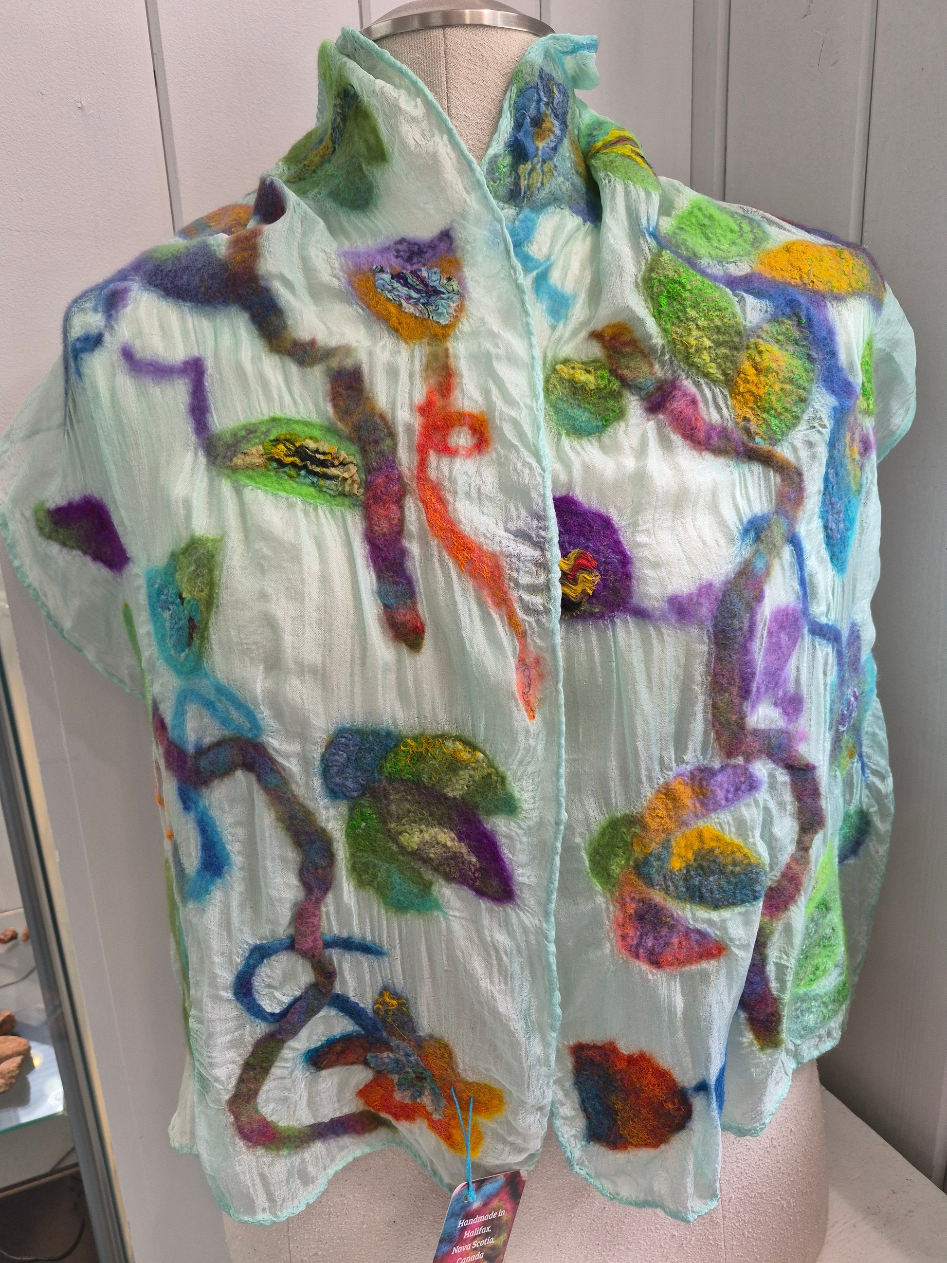 Hand-felted silk scarf with multicolour abstract motifs by Denise Uebele
