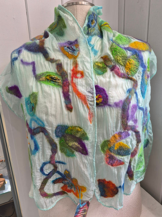 Hand-felted silk scarf with multicolour abstract motifs by Denise Uebele