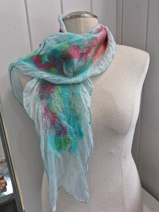 Hand-felted silk scarf in aqua and pink by Denise Uebele