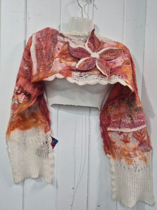 Coral and rose scarf by Denise Uebele with cream openwork edges and a dimensional flower detail
