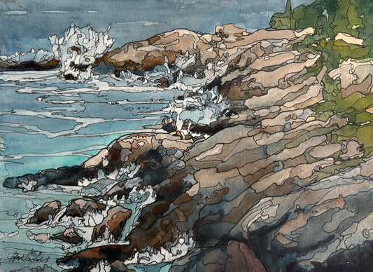 Waves And Rocks, Polly's cove (12"x9")