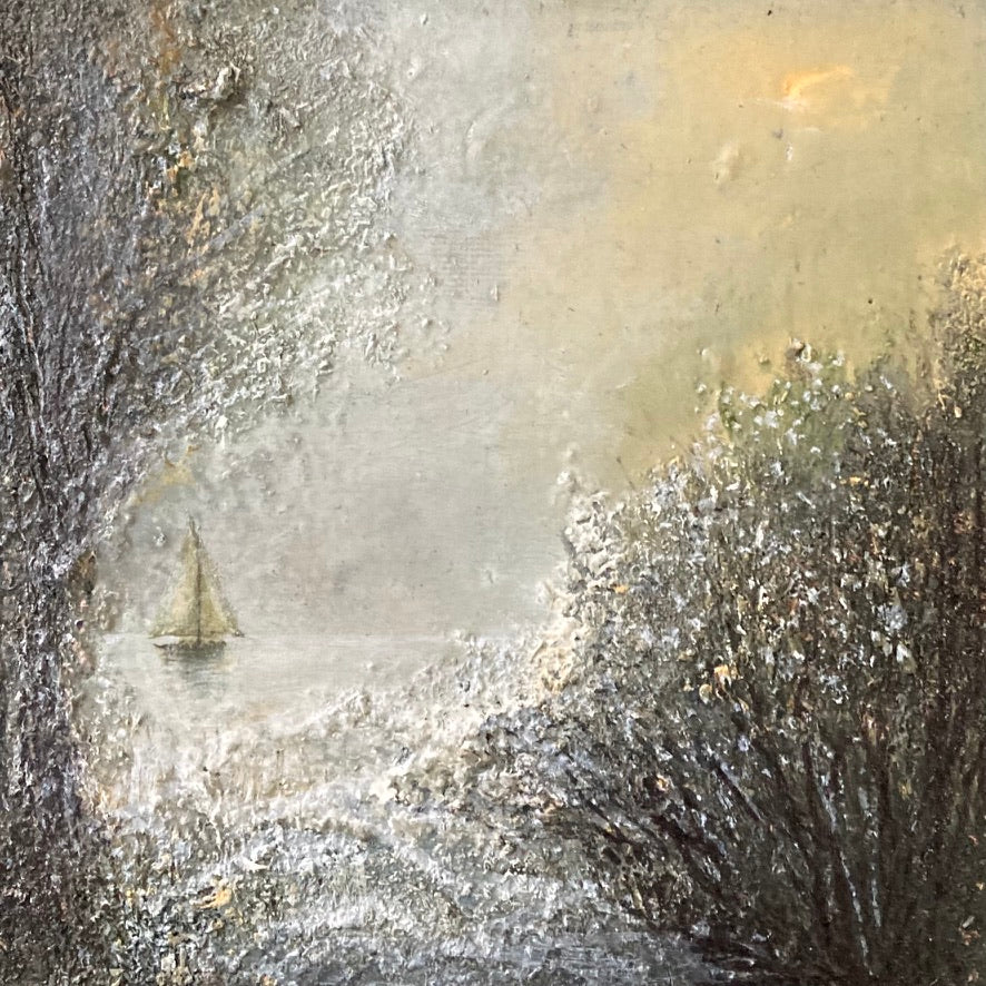 Mini 141 by Gillian Lazanik – oil, acrylic, mixed media, 6x6 inches, black wood frame