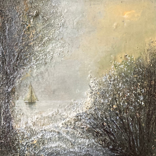 Mini 141 by Gillian Lazanik – oil, acrylic, mixed media, 6x6 inches, black wood frame
