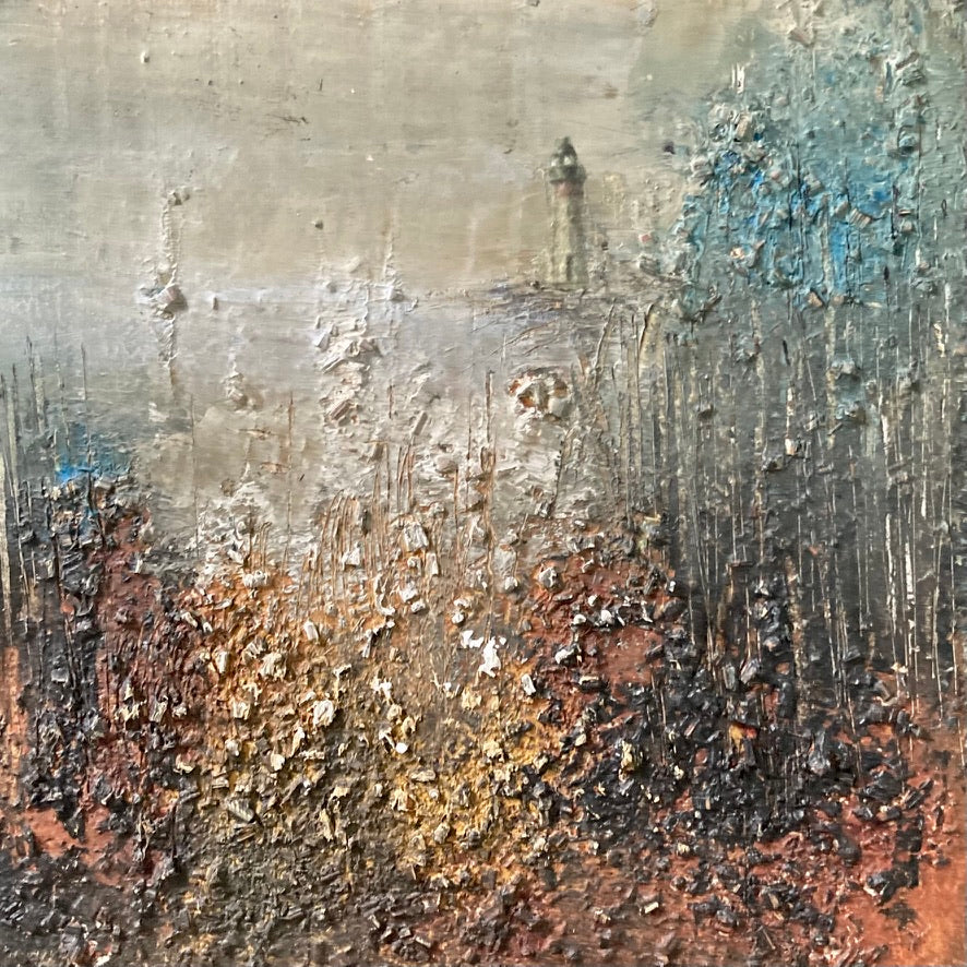 Mini 102 by Gillian Lazanik – oil, acrylic, mixed media, 6x6 inches, black wood frame