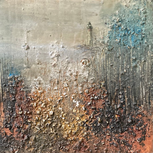 Mini 102 by Gillian Lazanik – oil, acrylic, mixed media, 6x6 inches, black wood frame