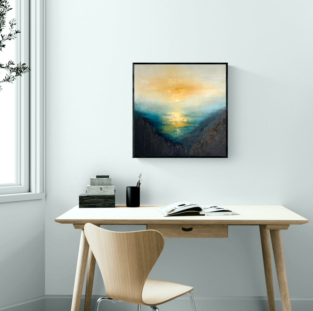 Embrace of Ochre by Gillian Lazanik - shown in home office setting
