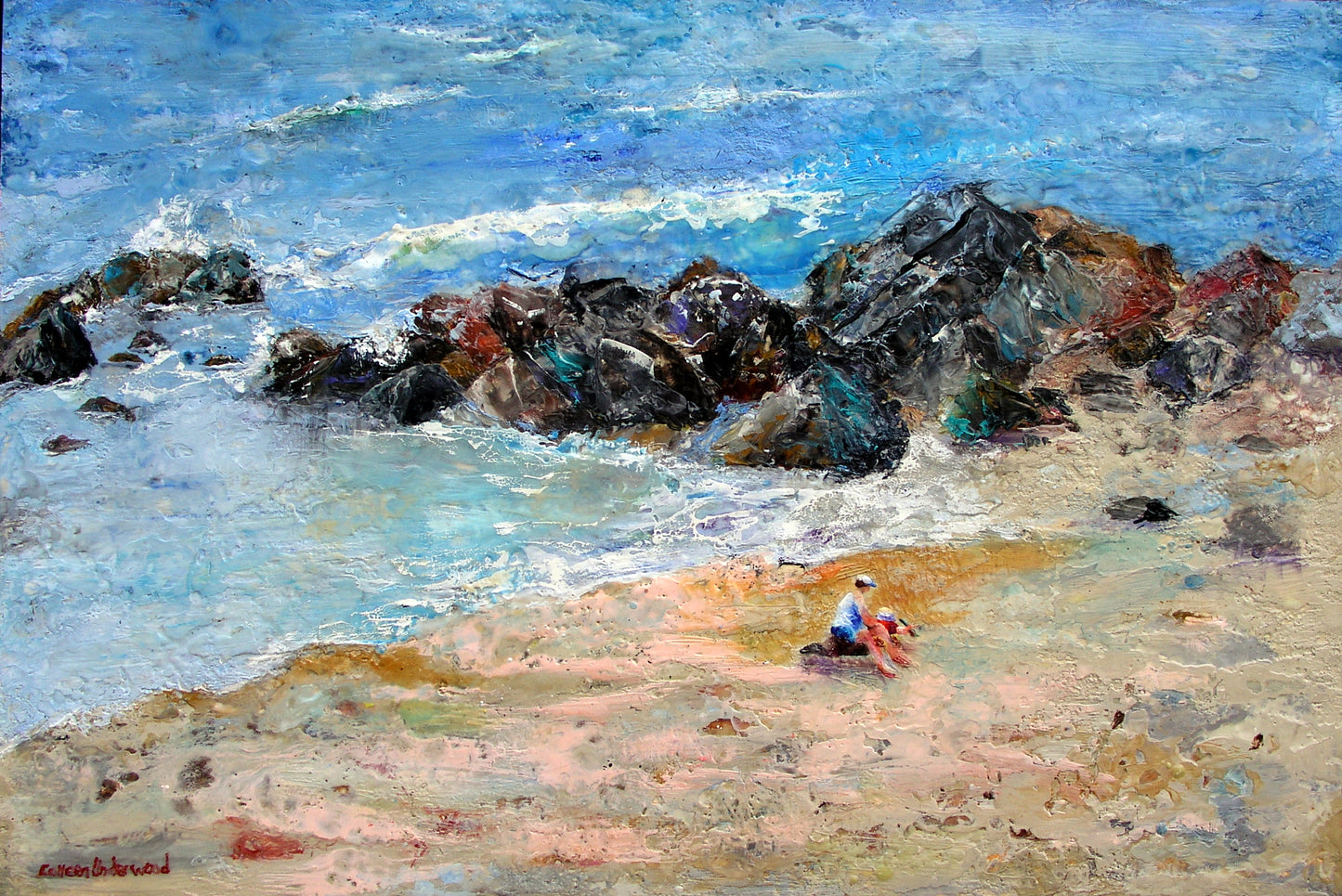 Building Memories by Colleen Underwood - Encaustics & Oil, mother and child at the seacoast, 36" x 24"