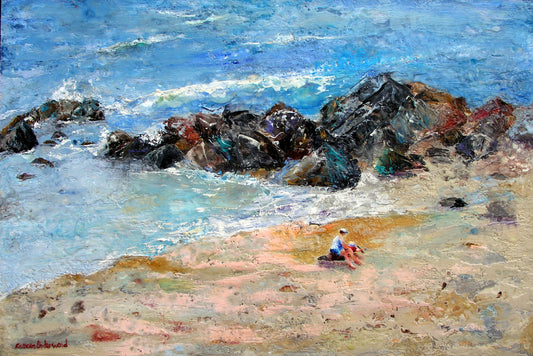 Building Memories by Colleen Underwood - Encaustics & Oil, mother and child at the seacoast, 36" x 24"