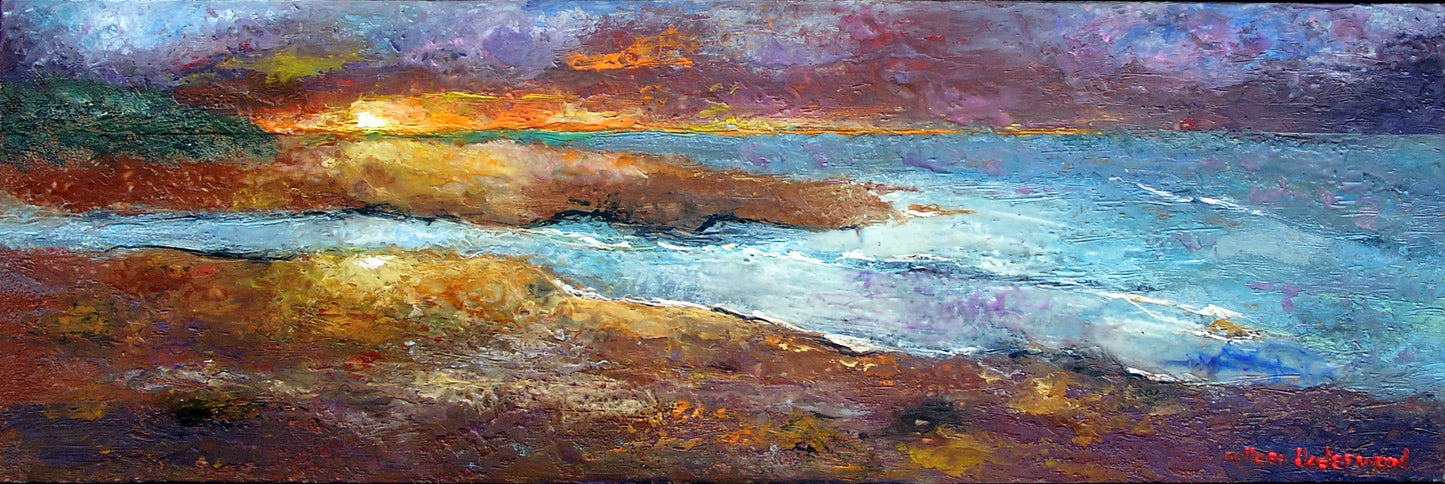 Burning Hues by Colleen Underwood - Encaustics & Oil, fiery sunset over coastal landscape, 36" x 12"