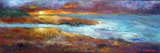 Burning Hues by Colleen Underwood - Encaustics & Oil, fiery sunset over coastal landscape, 36" x 12"