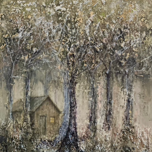 Mini 142 by Gillian Lazanik – oil, acrylic, mixed media, 6x6 inches, black wood frame