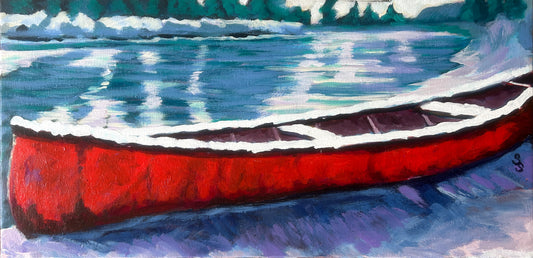 Crimson Canoe on Quiet Shores (10” x 20”)