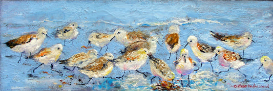 Feathered Beach Bums by Colleen Underwood - Encaustics & Oil, flock of shorebirds on a seaside shore, 30" x 22"