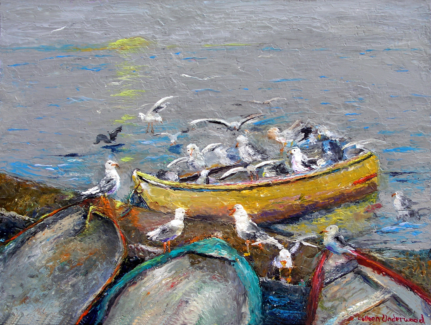 Five Star Bistro by Colleen Underwood - Encaustics & Oil, seagulls gathering around a fishing boat, 24" x 18"
