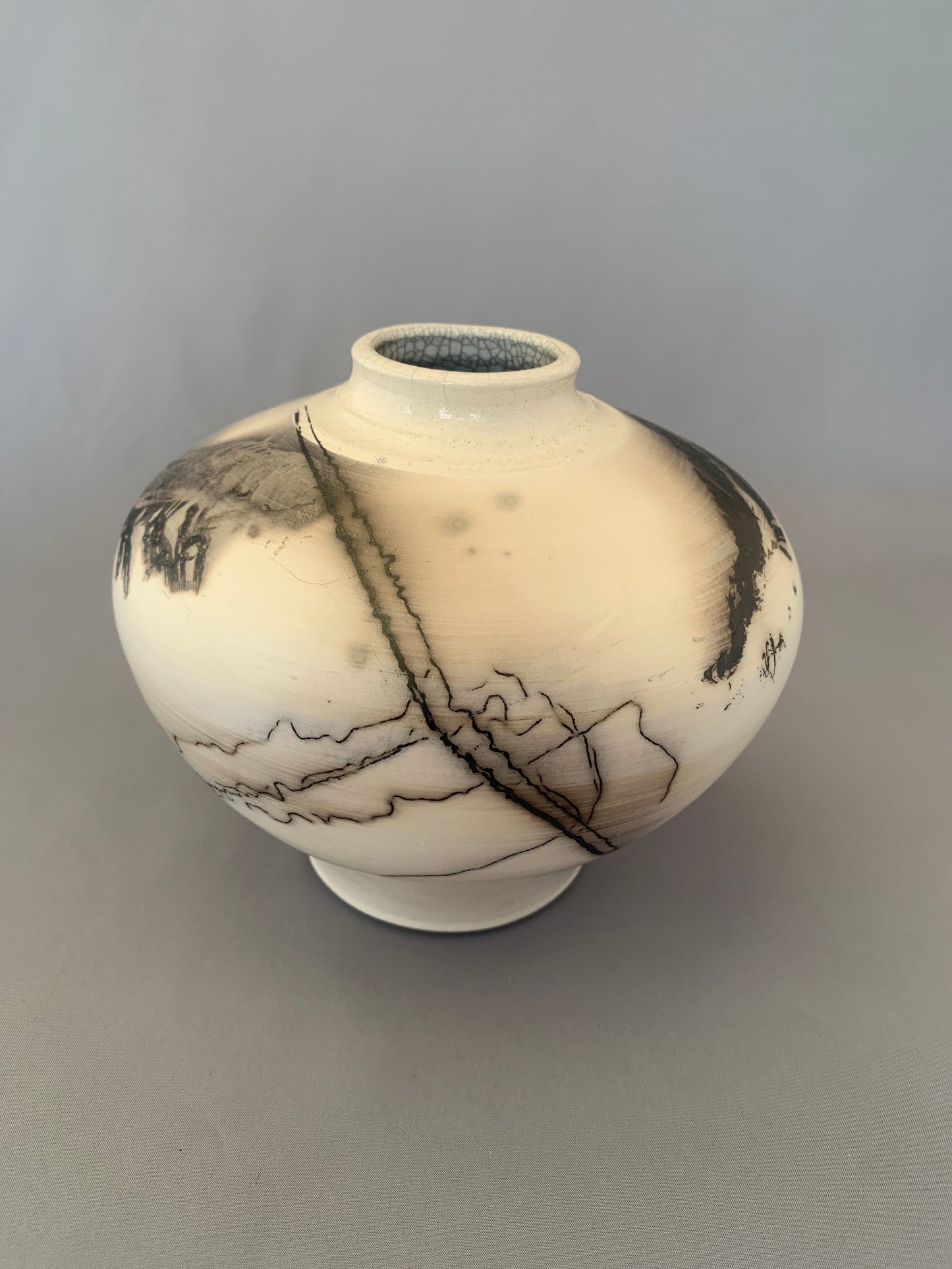 Wide Shouldered Horsehair and Feather Raku Fired Vase