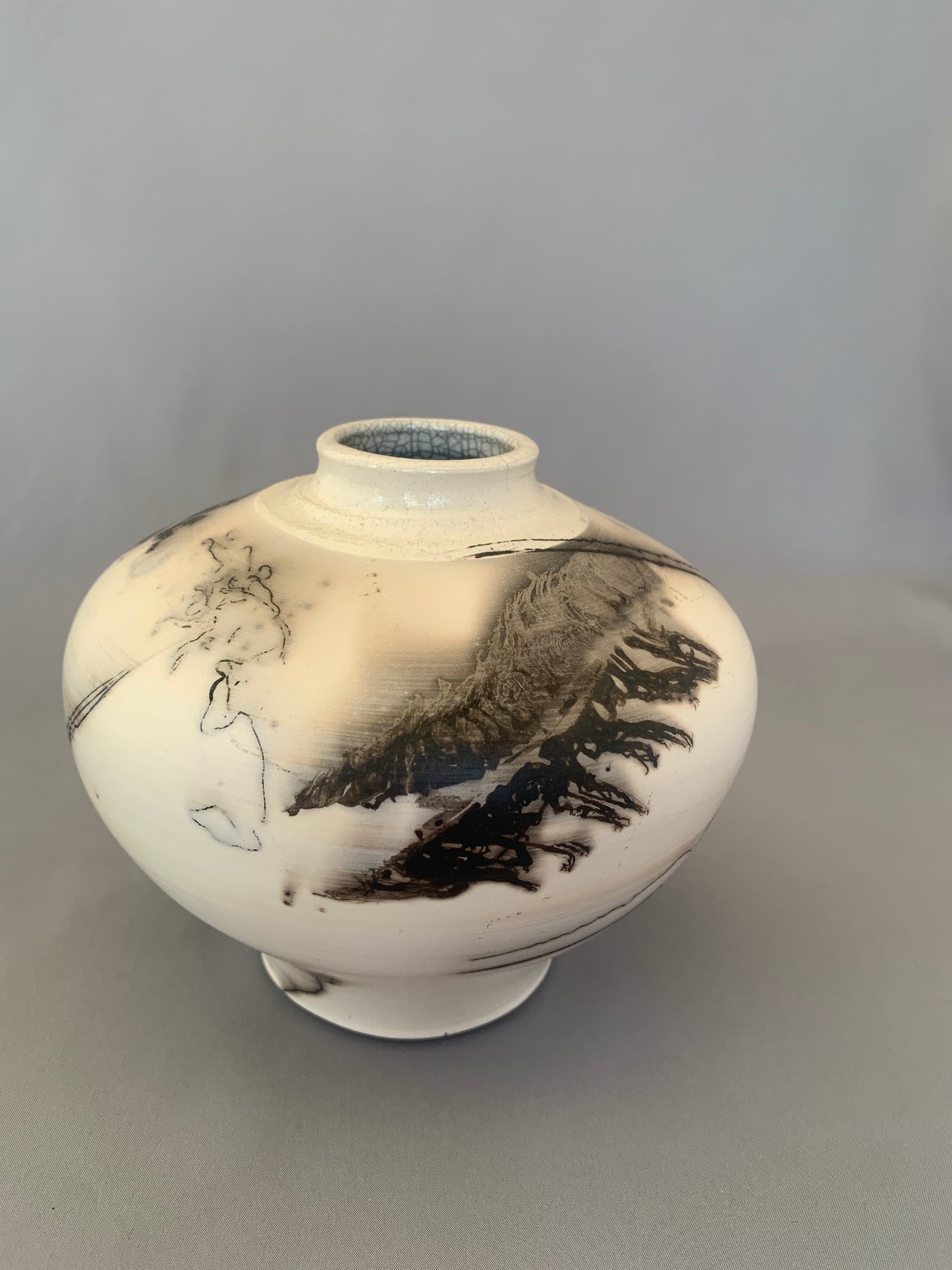 Wide Shouldered Horsehair and Feather Raku Fired Vase