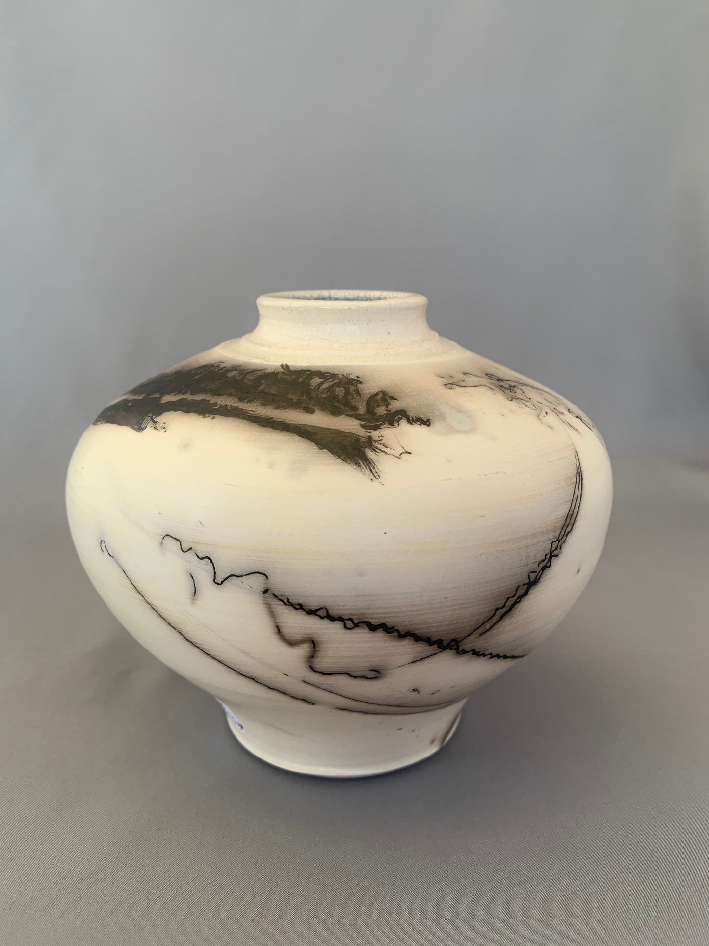 Wide Shouldered Horsehair and Feather Raku Fired Vase