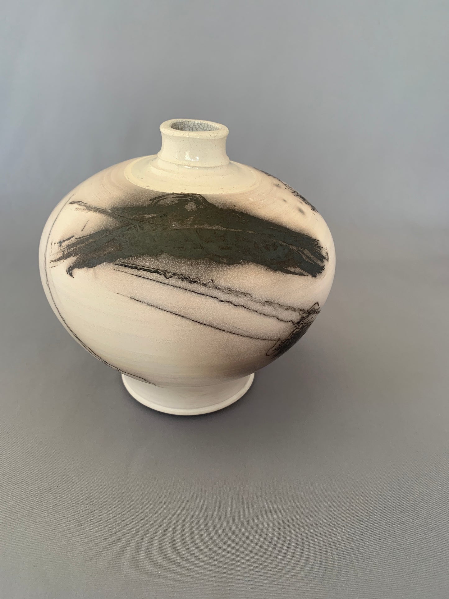 Wide Shouldered Horsehair & Feathers Raku Vase