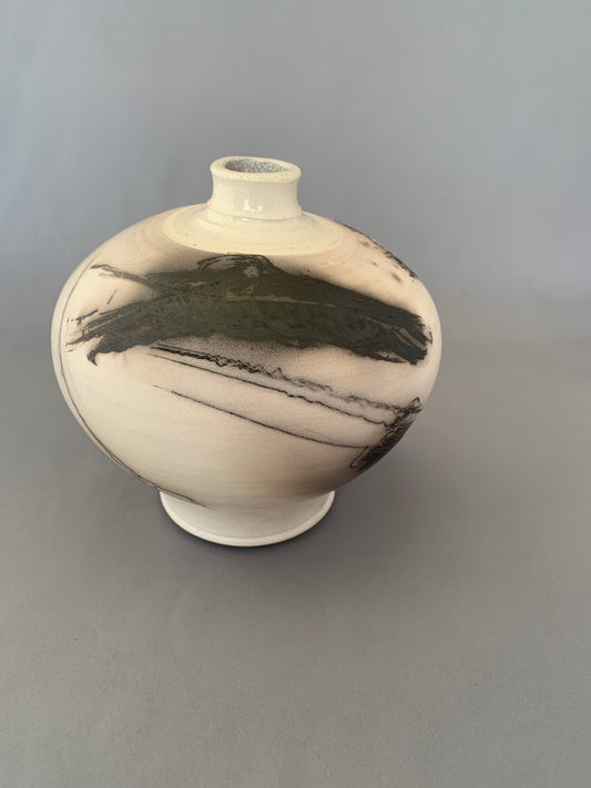 Wide Shouldered Horsehair & Feathers Raku Vase