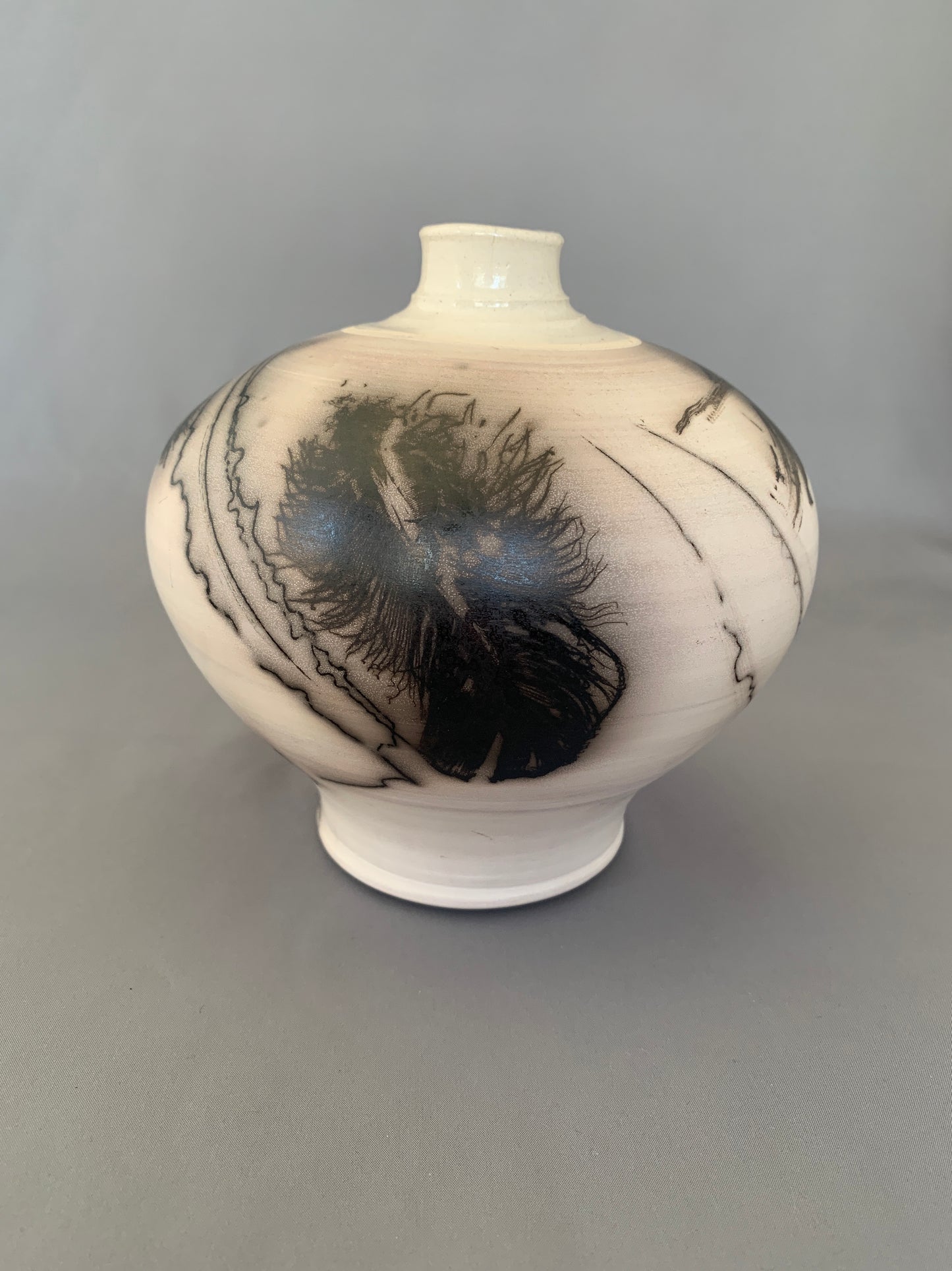 Wide Shouldered Horsehair & Feathers Raku Vase