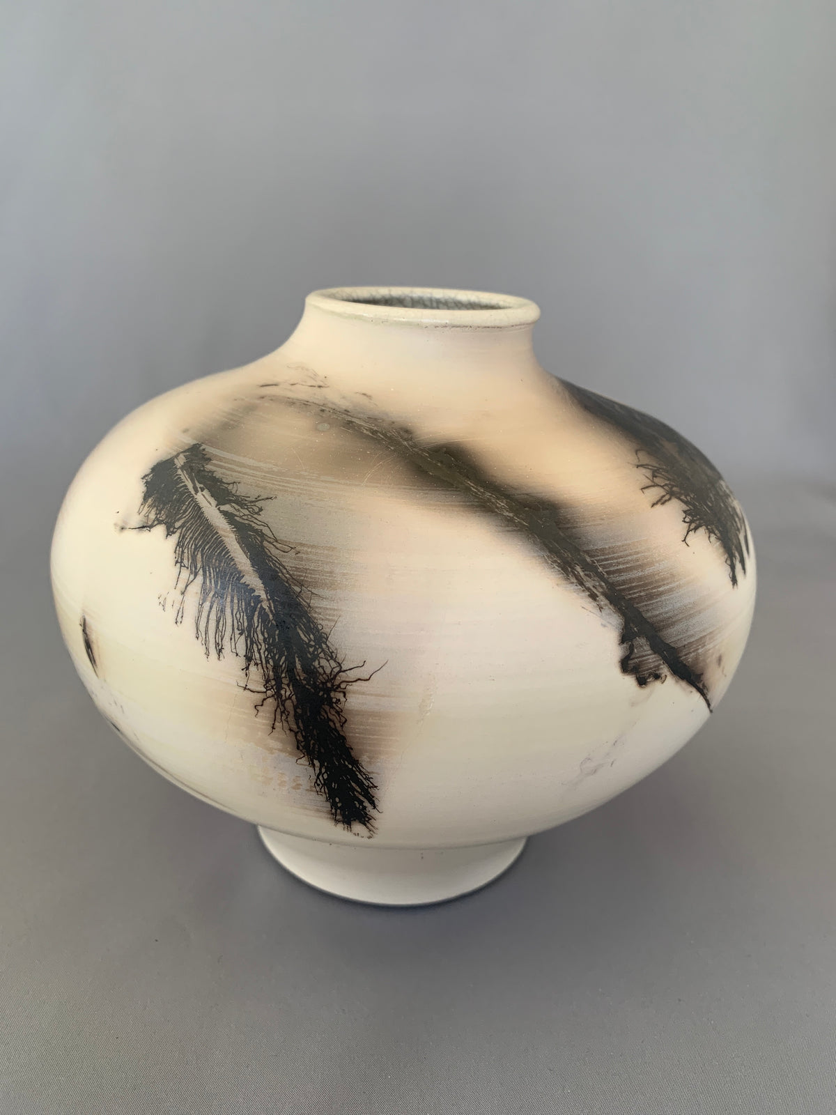 Wide Shouldered Horsehair & Feathers Raku Vase
