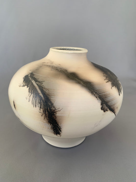 Wide Shouldered Horsehair & Feathers Raku Vase