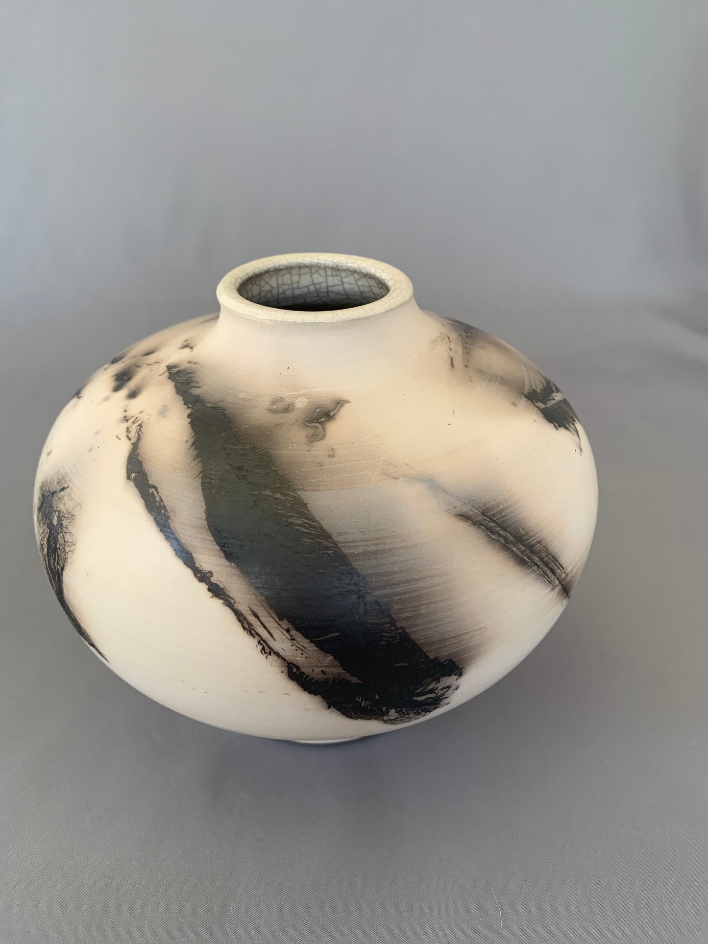 Wide Shouldered Horsehair & Feathers Raku Vase