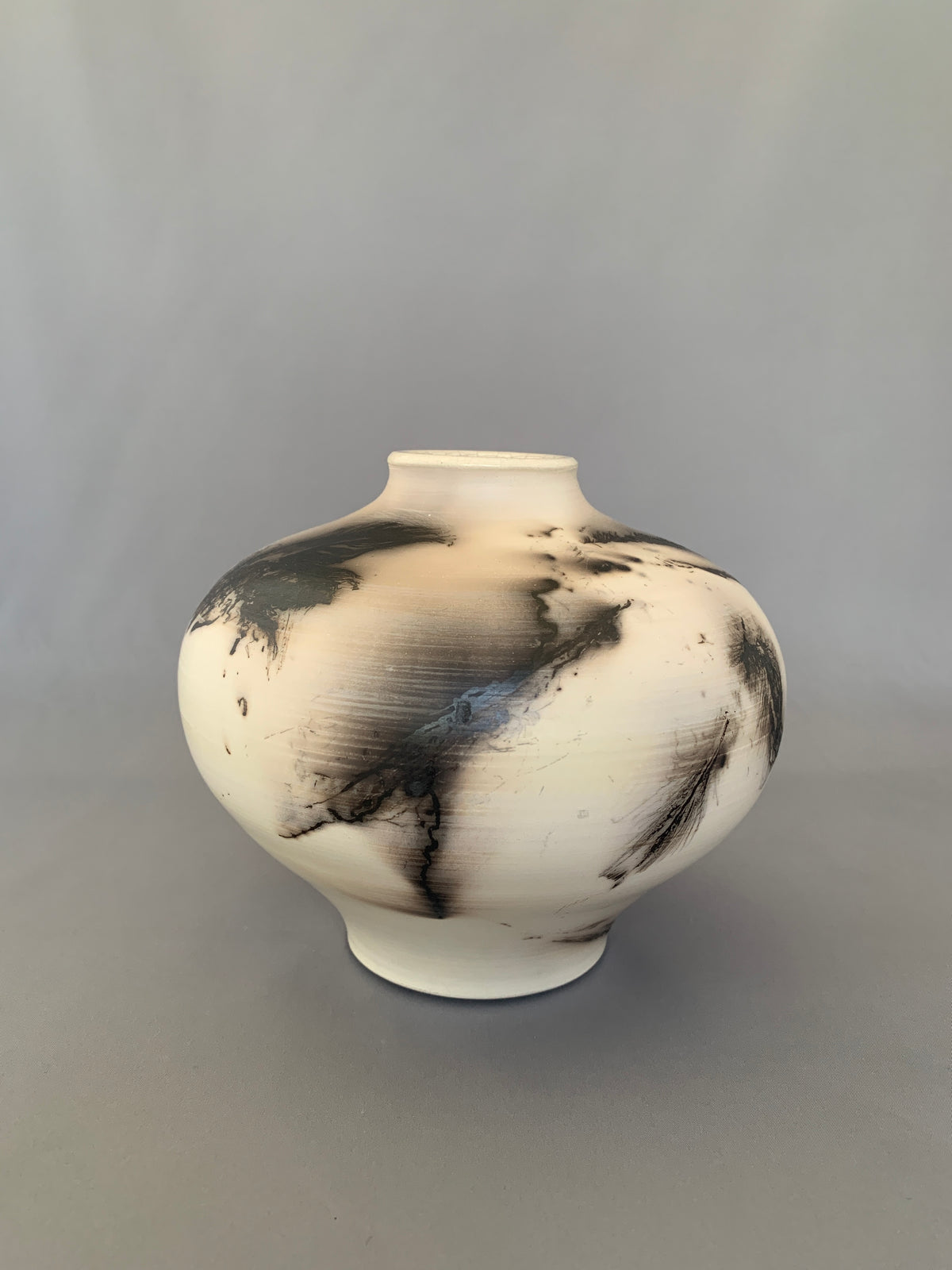 Wide Shouldered Horsehair & Feathers Raku Vase