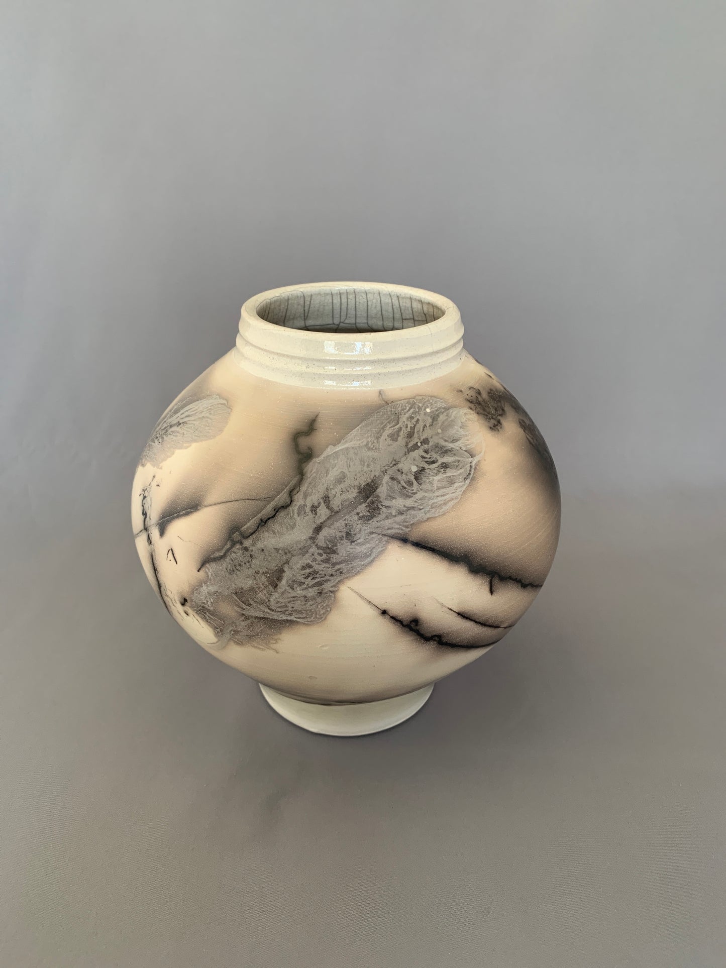 Wide Shouldered Horsehair & Feathers Raku Vase