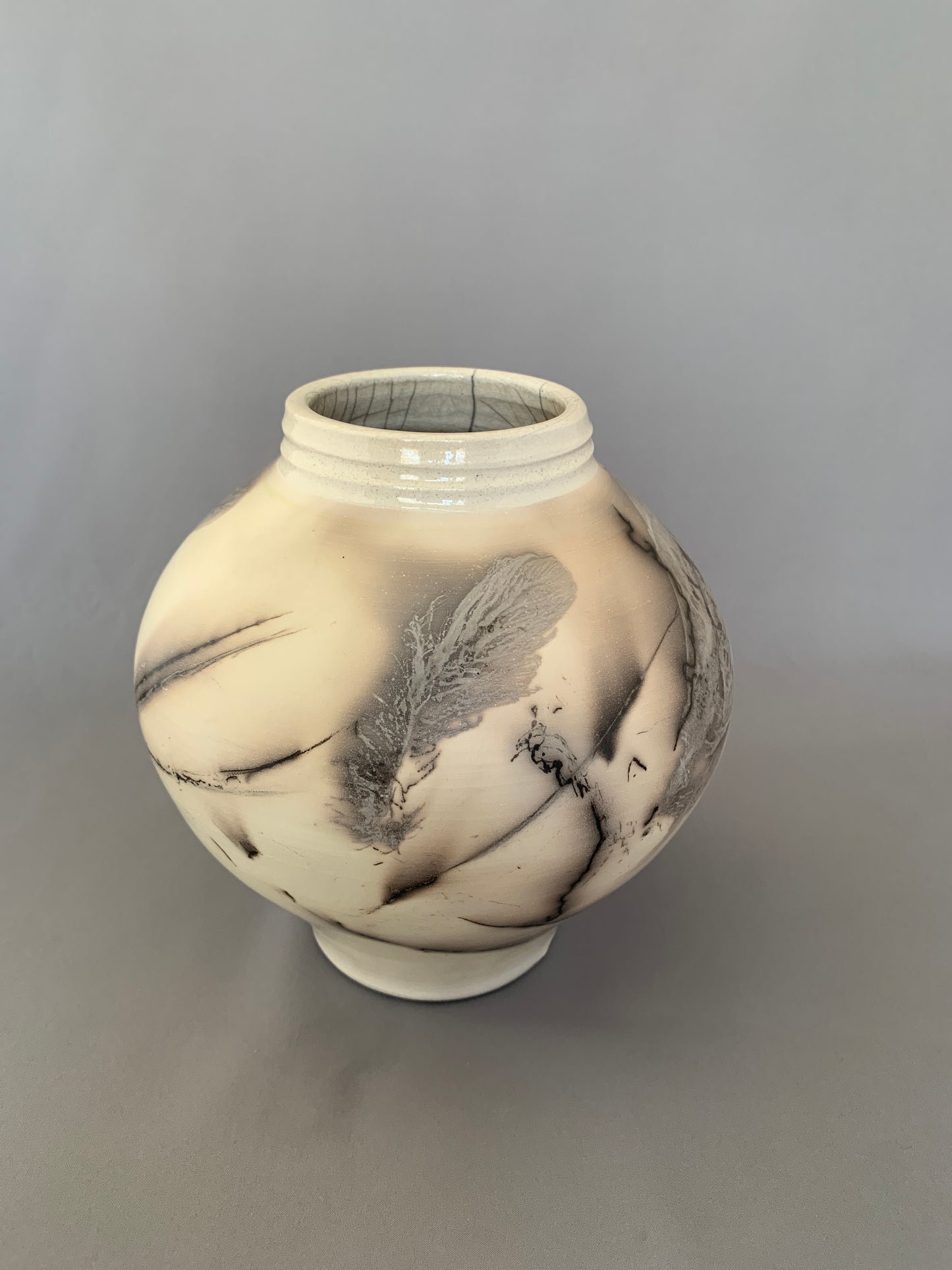 Wide Shouldered Horsehair & Feathers Raku Vase