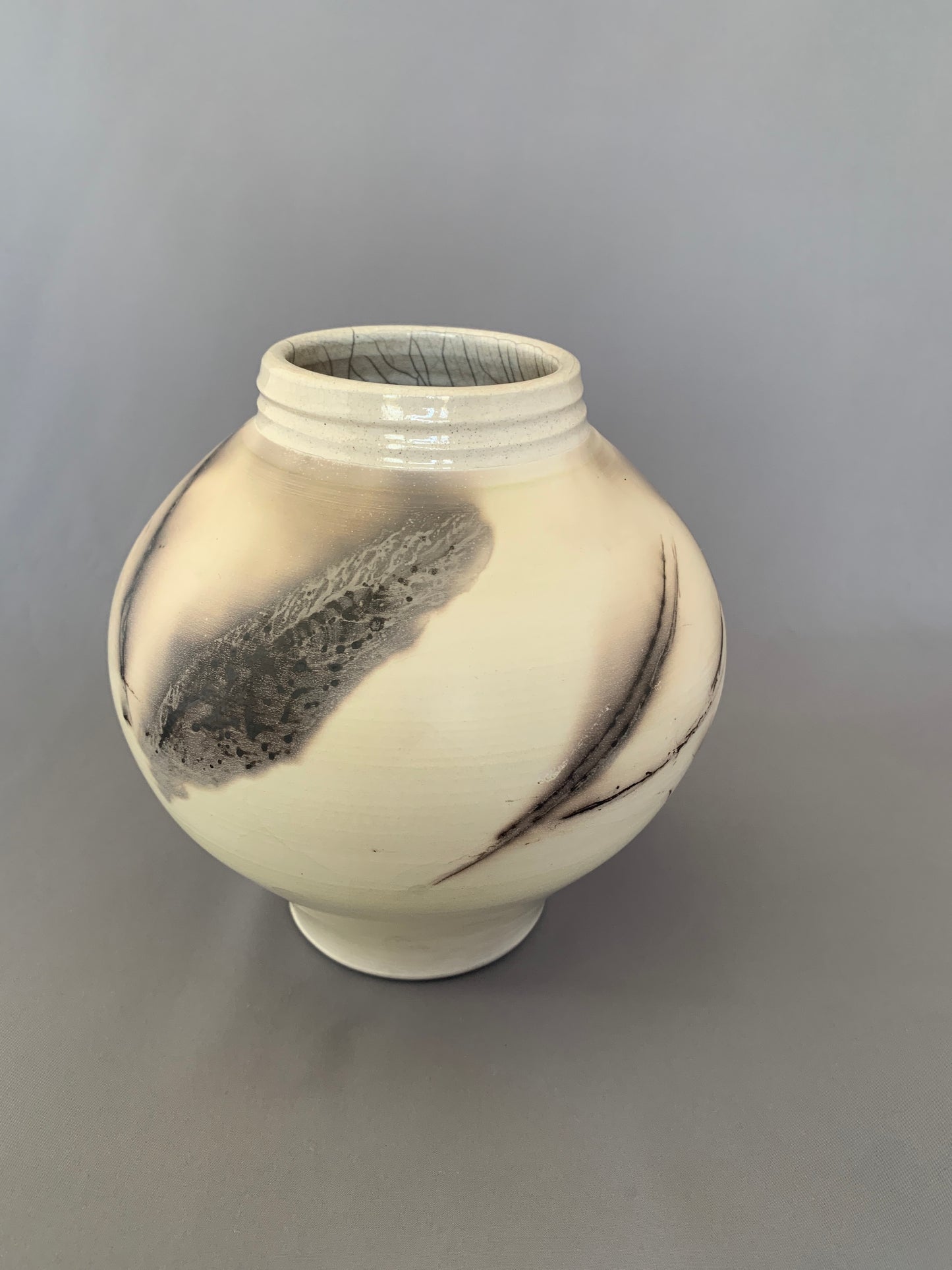 Wide Shouldered Horsehair & Feathers Raku Vase
