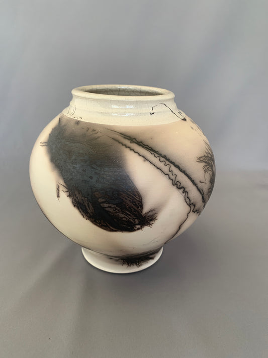 Wide Shouldered Horsehair & Feathers Raku Vase