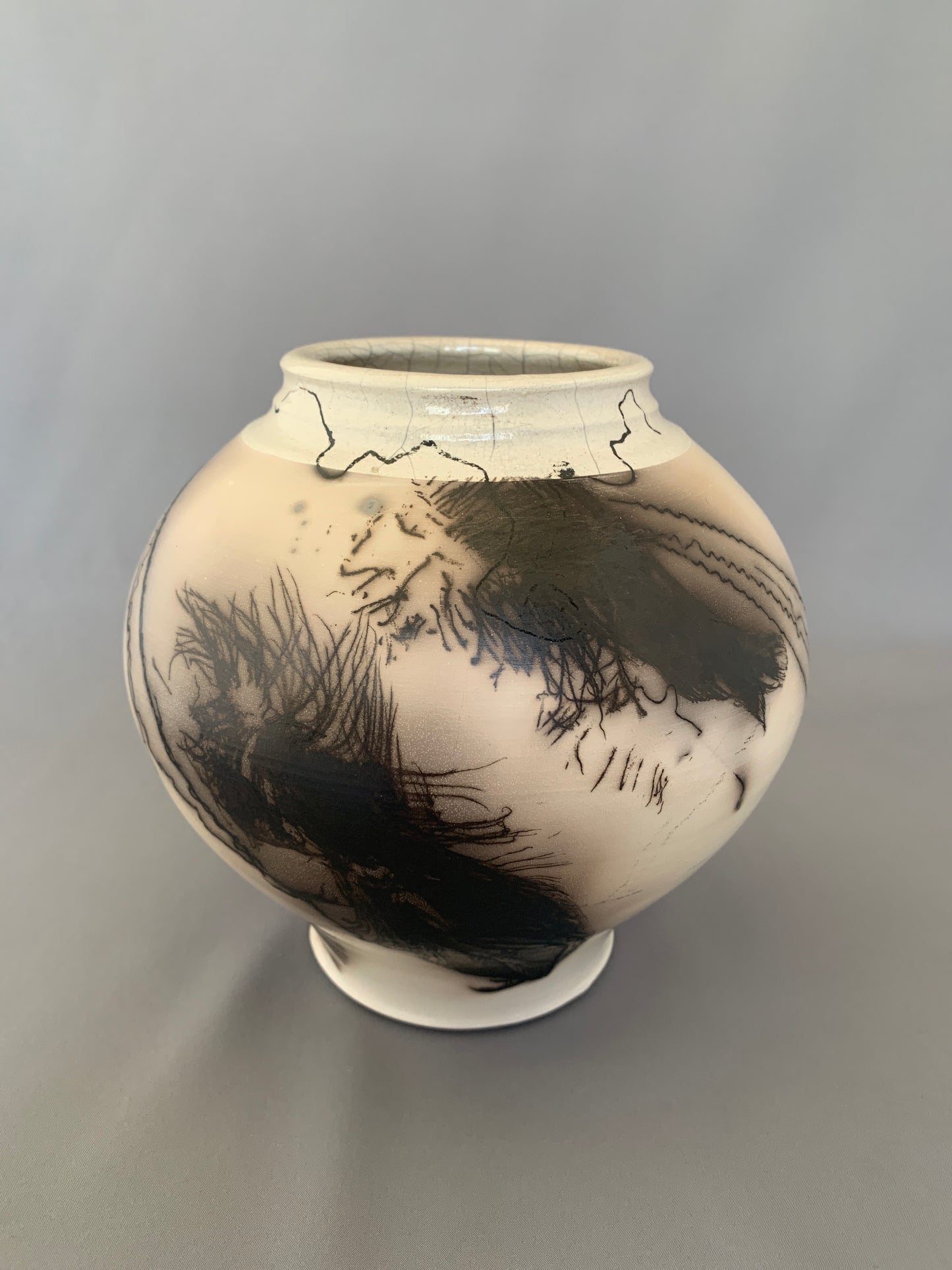 Wide Shouldered Horsehair & Feathers Raku Vase
