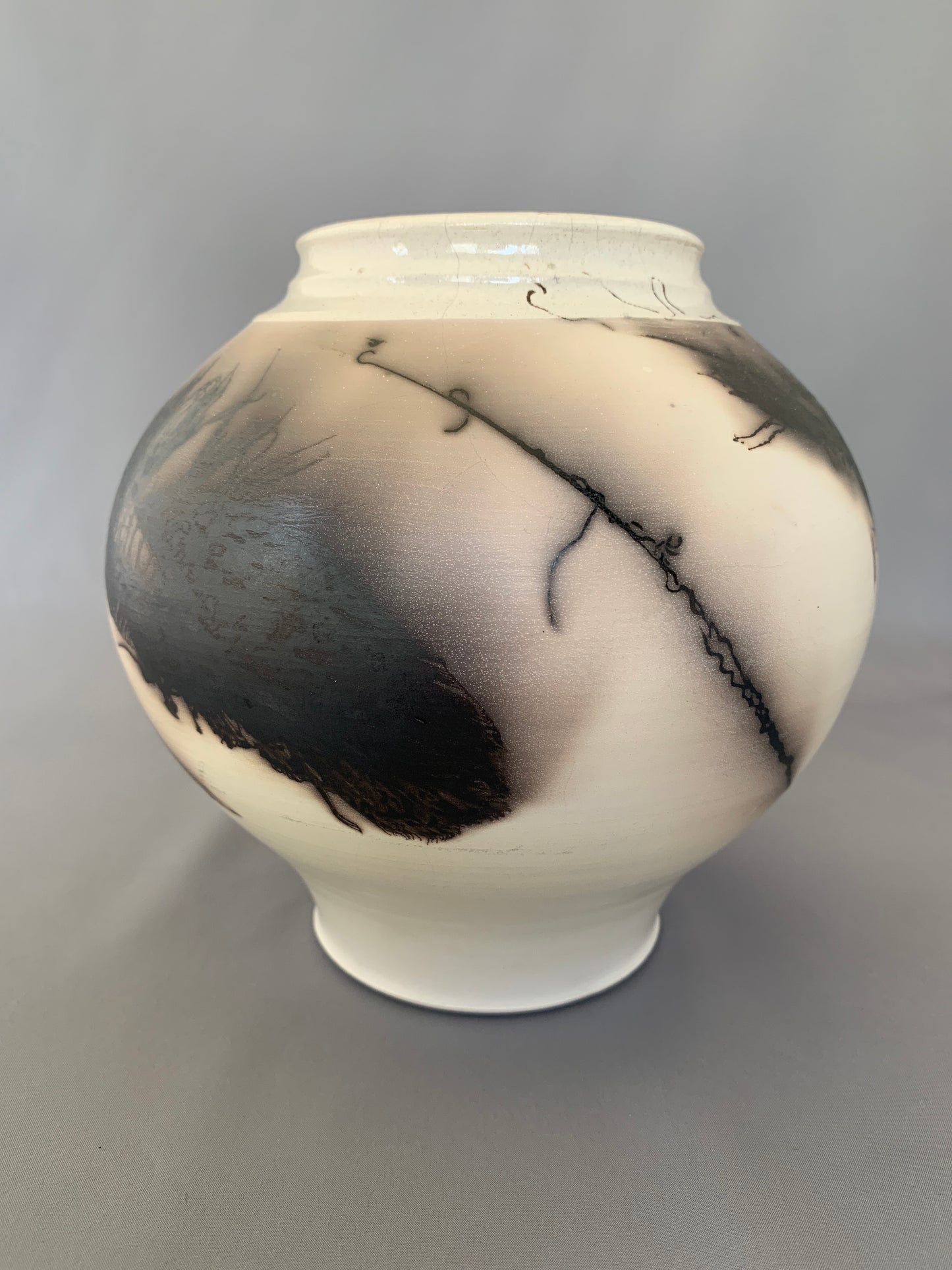 Wide Shouldered Horsehair & Feathers Raku Vase