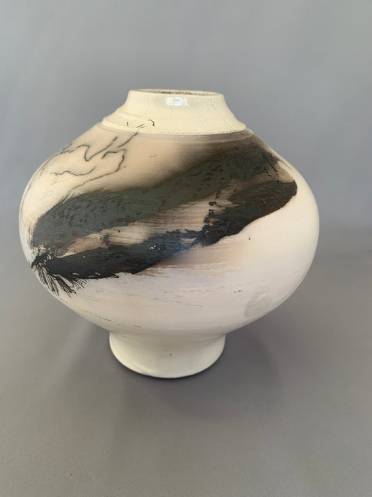 Wide Shouldered Horsehair & Feathers Raku Vase