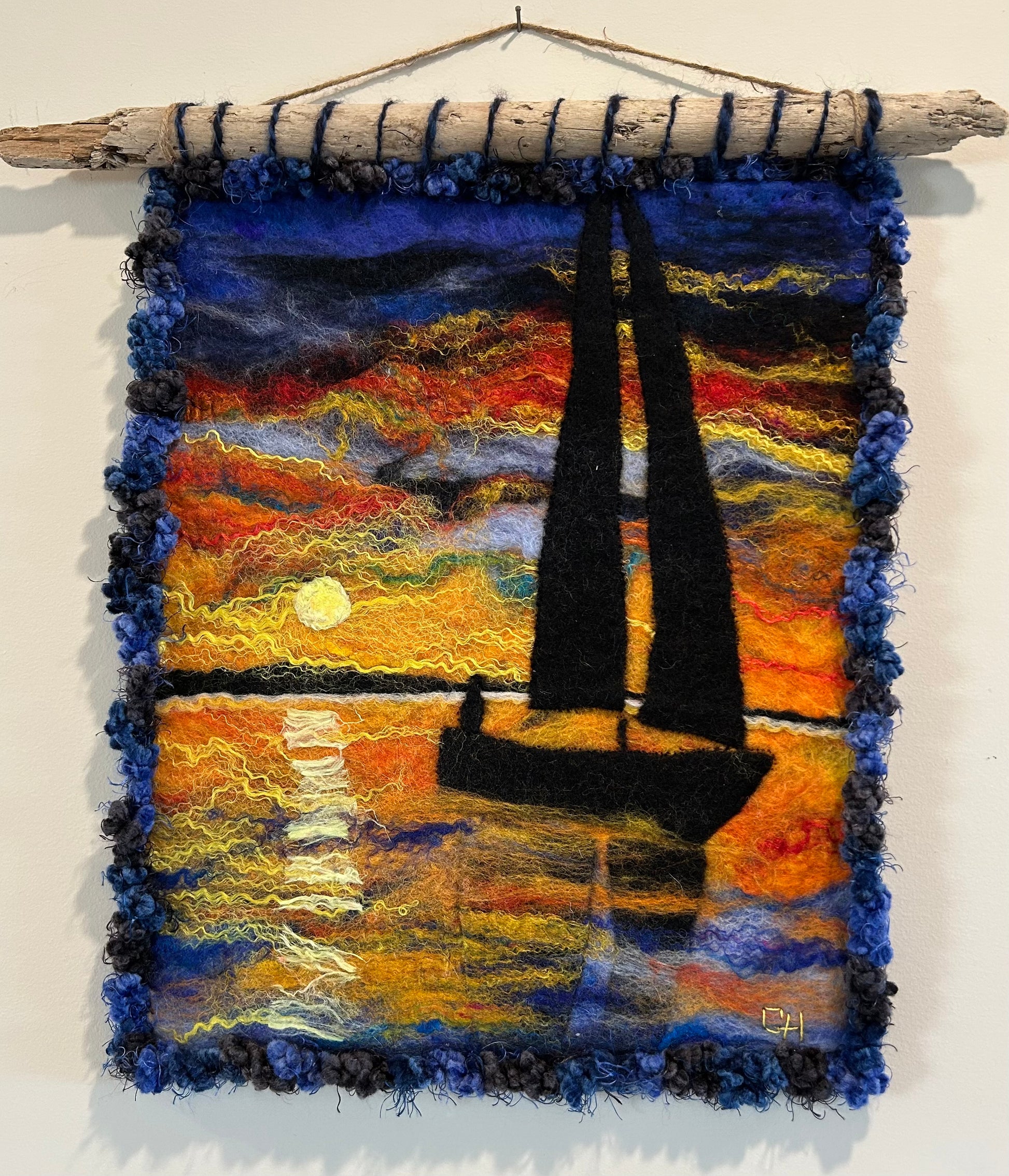 Sunset Sail – felted fibre art wall hanging by Gail Heinze