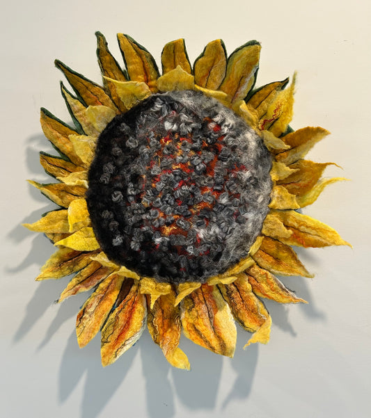 Sun Fire – felted fibre art sunflower wall sculpture by Gail Heinze