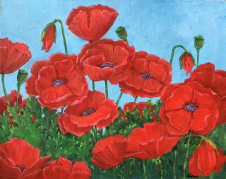 Red poppies and green foliage against a blue sky in Nora Gross's acrylic painting In Flanders Fields.