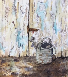 The Watering Can – framed watercolour painting by Nora Gross, 11 x 14 inches